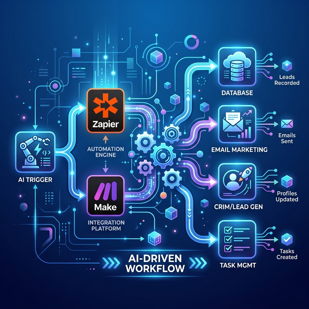 AI workflow setup using Zapier, Make or custom flows