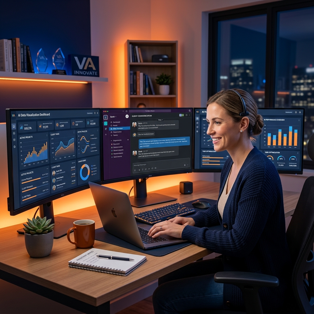 Virtual assistant using AI tools at a modern workstation with multiple screens