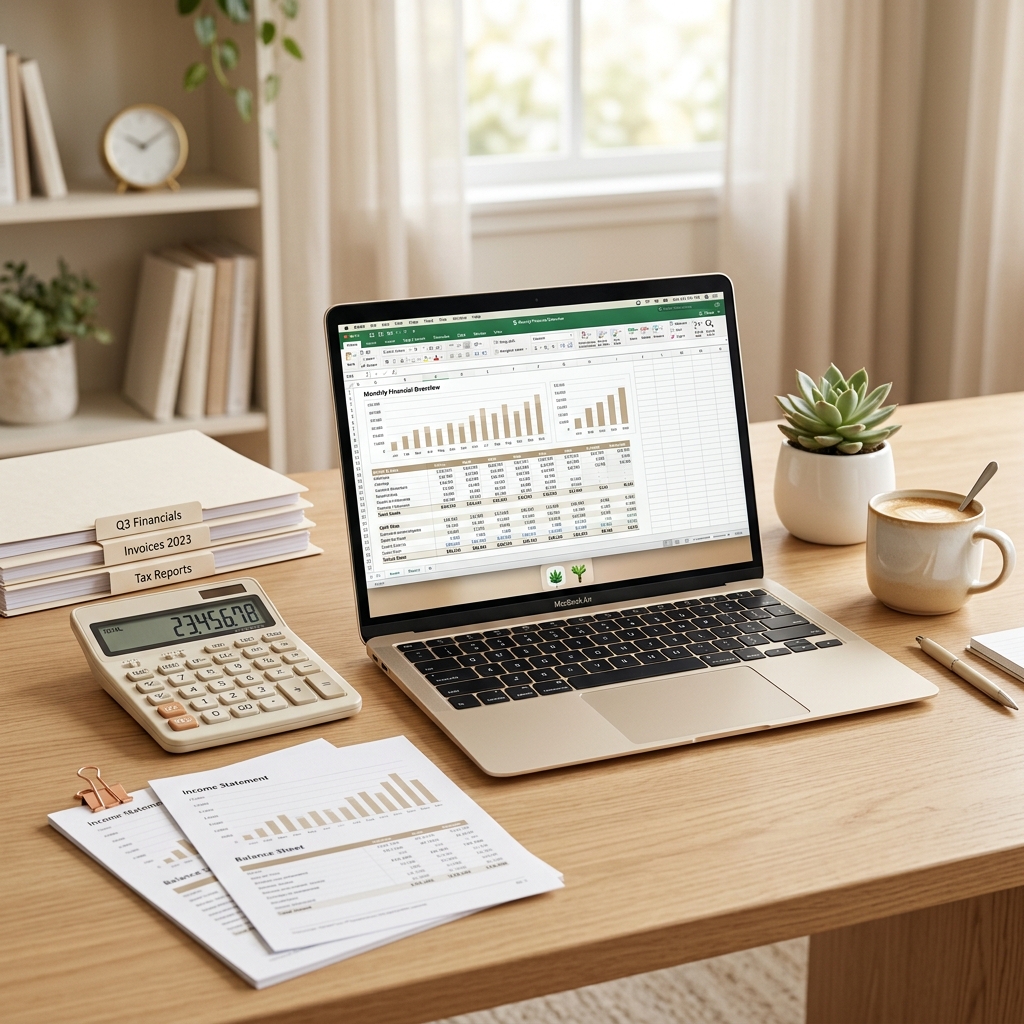 Clean modern desk with financial reports, calculator, and laptop showing spreadsheets