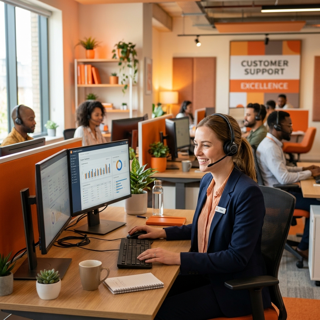 Professional customer support representative with headset in a modern office environment