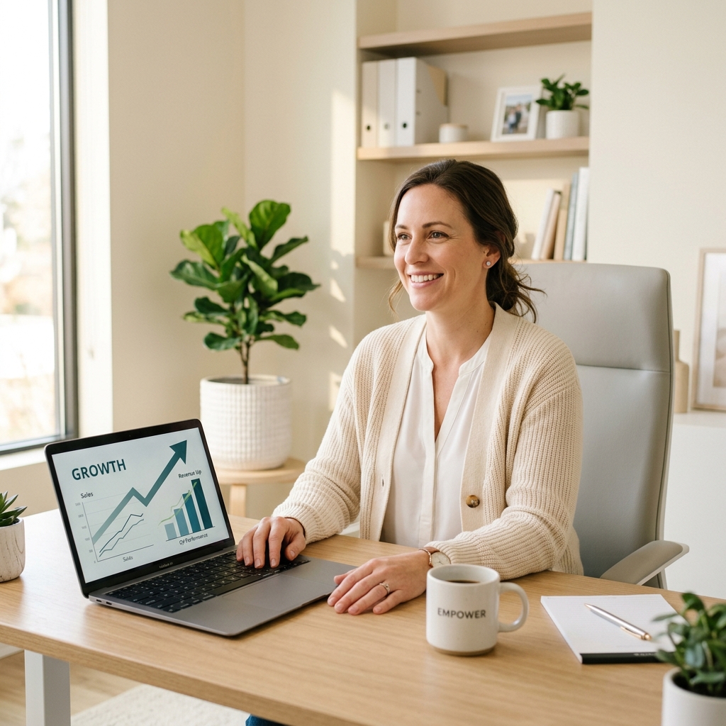 Small business owner working productively at a clean desk after hiring a virtual assistant